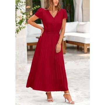PRETTYGARDEN Women's Summer Maxi Dresses 2025 Trendy Casual Button V Neck Ruffle Cap Sleeve Long Flowy Pleated Dress (Jujube Red,Medium)