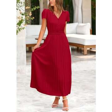 PRETTYGARDEN Women's Summer Maxi Dresses 2025 Trendy Casual Button V Neck Ruffle Cap Sleeve Long Flowy Pleated Dress (Jujube Red,Medium)