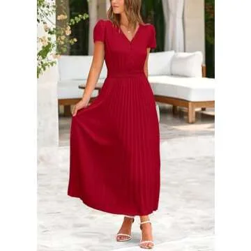 PRETTYGARDEN Women's Summer Maxi Dresses 2025 Trendy Casual Button V Neck Ruffle Cap Sleeve Long Flowy Pleated Dress (Jujube Red,Medium)