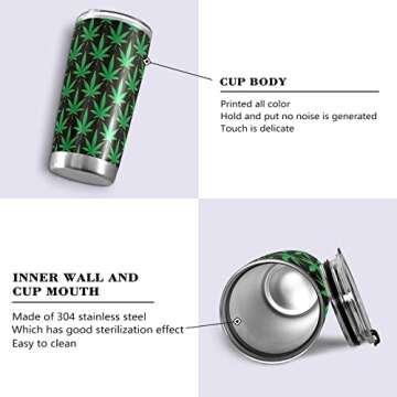 Yasala Tumbler Green Marijuana Leaves Insulated Coffee Cup Beverage Container Travel Mug with Straw and Lid Double Wall Stainless Steel 20oz Office, Back to School