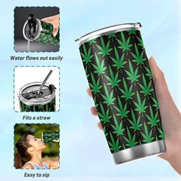 Yasala Tumbler Green Marijuana Leaves Insulated Coffee Cup Beverage Container Travel Mug with Straw and Lid Double Wall Stainless Steel 20oz Office, Back to School
