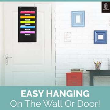 Hippo Creation Heavy Duty Storage Pocket Chart for Classroom, 5 Pocket Storage Organizer with 2 Over-Door Hangers, Hanging Wall Organizer for File Folders, School Mailbox, Home Office Papers - Black