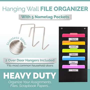 Hippo Creation Heavy Duty Storage Pocket Chart for Classroom, 5 Pocket Storage Organizer with 2 Over-Door Hangers, Hanging Wall Organizer for File Folders, School Mailbox, Home Office Papers - Black