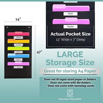 Hippo Creation Heavy Duty Storage Pocket Chart for Classroom, 5 Pocket Storage Organizer with 2 Over-Door Hangers, Hanging Wall Organizer for File Folders, School Mailbox, Home Office Papers - Black