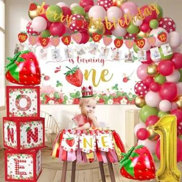 Aribra Strawberry 1st Birthday Decorations - Berry First Birthday Party Supplies, Strawberry Berry Sweet One Birthday Party Decorations Include, Balloon Boxes, Backdrop, Balloon arch, Highchair Banner