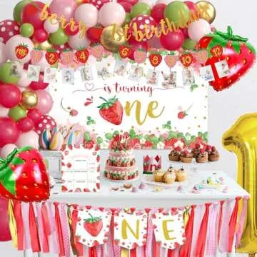 Aribra Strawberry 1st Birthday Decorations - Berry First Birthday Party Supplies, Strawberry Berry Sweet One Birthday Party Decorations Include, Balloon Boxes, Backdrop, Balloon arch, Highchair Banner