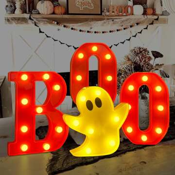 DAZONGE Halloween Decorations Indoor - 4 LED Light Up Letters Boo and Ghost Marquee Signs for Hallow...