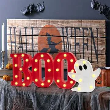 DAZONGE Halloween Decorations Indoor - 4 LED Light Up Letters Boo and Ghost Marquee Signs for Halloween Kitchen Room Wall Decor, Halloween Marquee Letters for Party Decorations