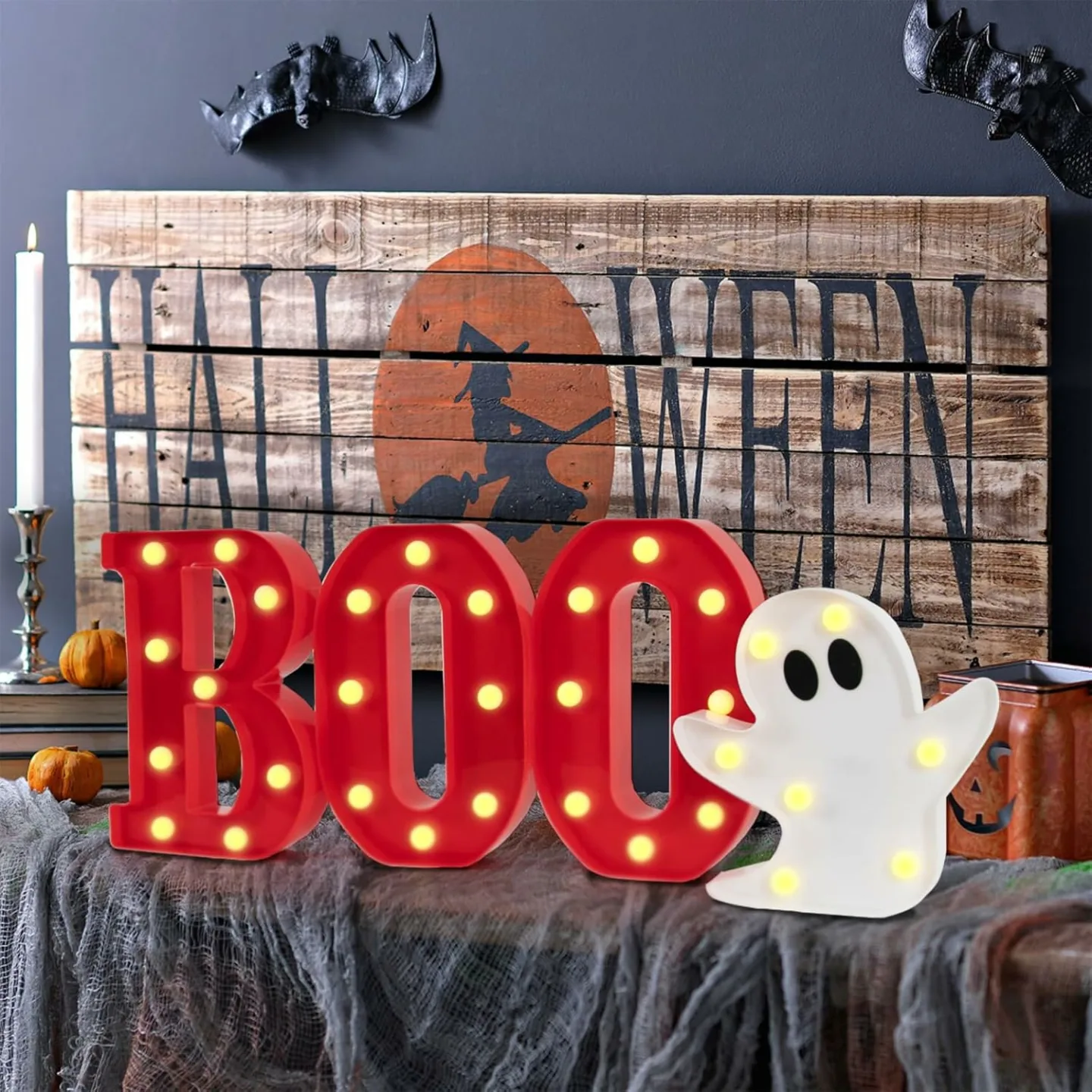 DAZONGE Halloween Decorations Indoor - 4 LED Light Up Letters Boo and Ghost Marquee Signs for Halloween Kitchen Room Wall Decor, Halloween Marquee Letters for Party Decorations