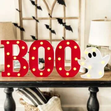 DAZONGE Halloween Decorations Indoor - 4 LED Light Up Letters Boo and Ghost Marquee Signs for Halloween Kitchen Room Wall Decor, Halloween Marquee Letters for Party Decorations