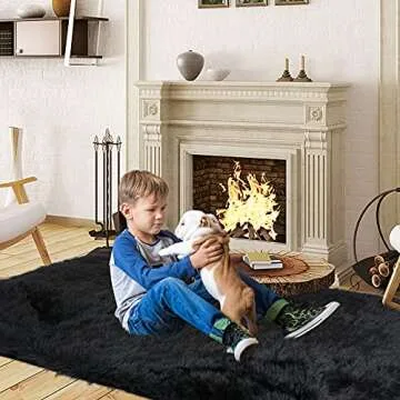 CAROMIO Shaggy Soft Faux Sheepskin Fur Area Rugs Floor Mat Luxury Beside Carpet Decorative Plush Shag Furry Carpet for Bedroom Living Room Floor, Black, 4 x 6 Feet, Rectangle