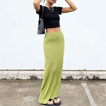 SAFRISIOR Women Solid Long Maxi Skirt Casual Slim Stretch Midi Skirt Beach Going Out Party Club Streetwear 90s E-Girls Green