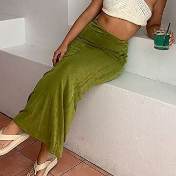 SAFRISIOR Women Solid Long Maxi Skirt Casual Slim Stretch Midi Skirt Beach Going Out Party Club Streetwear 90s E-Girls Green