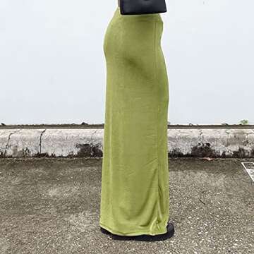 SAFRISIOR Women Solid Long Maxi Skirt Casual Slim Stretch Midi Skirt Beach Going Out Party Club Streetwear 90s E-Girls Green