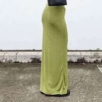 SAFRISIOR Women Solid Long Maxi Skirt Casual Slim Stretch Midi Skirt Beach Going Out Party Club Streetwear 90s E-Girls Green