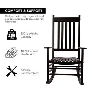 Shine Company Vermont Porch Rocker, High Back Wood Rocking Chair, Black