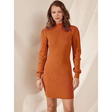 Caracilia Women Turtleneck Long Sleeve Knit Bodycon Slim Fitted Stretch Pullover Sweater Mini Dress Trendy Outfits 2024 Fall Rust Small