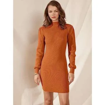 Caracilia Women Turtleneck Long Sleeve Knit Bodycon Slim Fitted Stretch Pullover Sweater Mini Dress Trendy Outfits 2024 Fall Rust Small