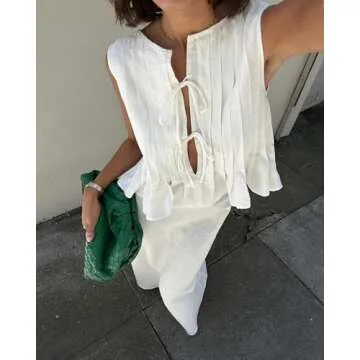 Naileksi Women Sleeveless Pleated Front Tie Linen Top Y2k Coquette Bow Tie Tank Top Aesthetic Solid Knotted Tie Up Vest White