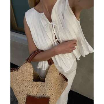 Naileksi Women Sleeveless Pleated Front Tie Linen Top Y2k Coquette Bow Tie Tank Top Aesthetic Solid Knotted Tie Up Vest White