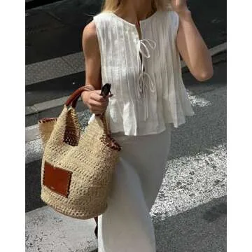 Naileksi Women Sleeveless Pleated Front Tie Linen Top Y2k Coquette Bow Tie Tank Top Aesthetic Solid Knotted Tie Up Vest White