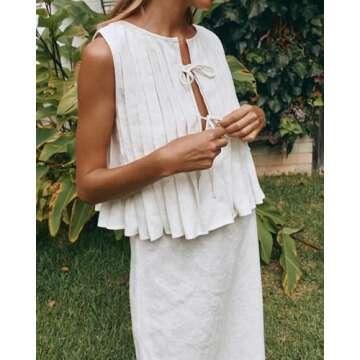 Naileksi Women Sleeveless Pleated Front Tie Linen Top Y2k Coquette Bow Tie Tank Top Aesthetic Solid Knotted Tie Up Vest White