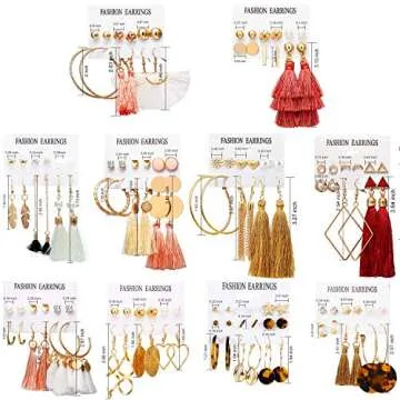 63Pairs Fashion Earrings with Tassel Earrings Layered Ball Dangle Hoop Stud Jacket Earrings for Women Jewelry Fashion and Valentine Birthday Party Gift
