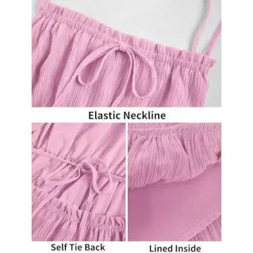 Wenrine Women's Summer Dresses Casual Long Spaghetti Straps Backless Self Tie Tiered Flowy Maxi Dresses with Pockets Pink