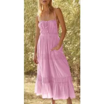 Wenrine Women's Summer Dresses Casual Long Spaghetti Straps Backless Self Tie Tiered Flowy Maxi Dresses with Pockets Pink