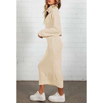 Pink Queen Women's 2 Piece Outfit Lounge Set Long Sleeve High Neck Chunky Sweater Top Bodycon Skirt Knit Rib Apricot M