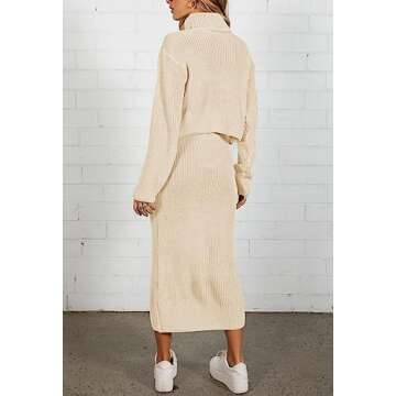 Pink Queen Women's 2 Piece Outfit Lounge Set Long Sleeve High Neck Chunky Sweater Top Bodycon Skirt Knit Rib Apricot M