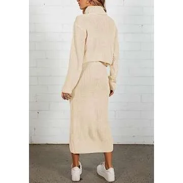 Pink Queen Women's 2 Piece Outfit Lounge Set Long Sleeve High Neck Chunky Sweater Top Bodycon Skirt Knit Rib Apricot M