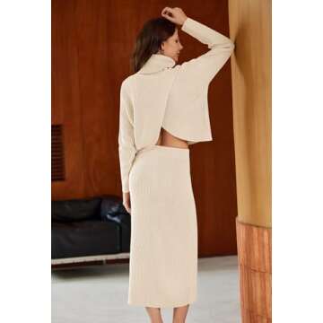 Pink Queen Women's 2 Piece Outfit Lounge Set Long Sleeve High Neck Chunky Sweater Top Bodycon Skirt Knit Rib Apricot M