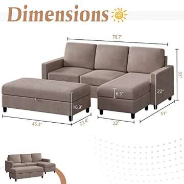 JAMFLY 79'' Sectional Sofa Couch with Storage Ottoman, Living Room Furniture Set Small Deep Converti...