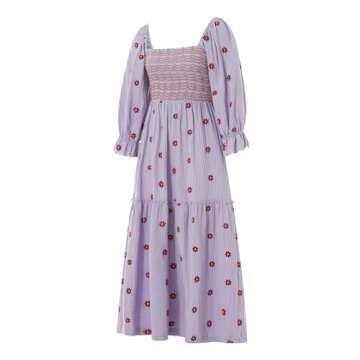 Argeousgor Women 2023 Bohemian Floral Dress Square Neck Ruffle Swing A Line Maxi Dress Long Sleeve Beach Long Dress(Boutique Purple Flower Dress,L)