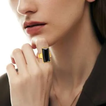Stainless Steel Gold Plated Rectangular Black Glass Crystal Ring for Women, Best Friend Gift