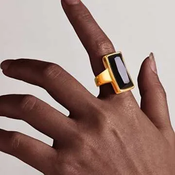 Elegant Gold Plated Black Glass Ring for Women