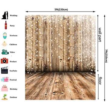 5X7ft Vinyl Vintage Wood Backdrop with Lights Wooden Board Photography Bokeh Rustic Panel Background Portrait Retro Texture Photo Booth Studio Props Poster Photoshoot Photografia Decoration Stereo