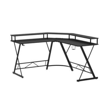 Mr IRONSTONE Gaming Desk with Led Lights ＆Power Outlet, L Shaped Carbon Fiber Home Office Computer Corner Desk with Cup Holder,Headphone Hook & Large Monitor Stand, Graphite Black, 50''