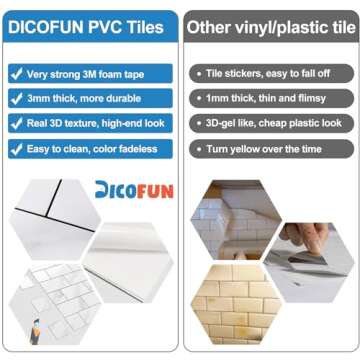 DICOFUN Polished White Marble Peel and Stick Backsplash Wall Tiles, 12"x12" Thick PVC Subway Tile for Kitchen Backsplash, 10 Sheets