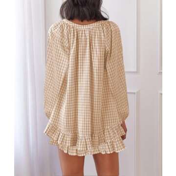 KMBANGI Women Y2K Plaid Pajama Sets Ruffle Hem Gingham Long Sleeve Shirt High Waist Shorts Lounge Se...