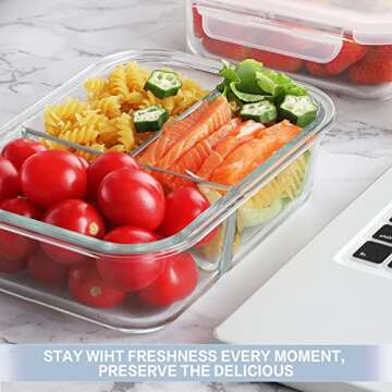 Bayco 8 Pack Glass Meal Prep Containers 3 Compartment, Glass Food Storage Containers with Lids, Airtight Glass Lunch Bento Boxes, BPA-Free & Leak Proof (8 lids & 8 Containers)