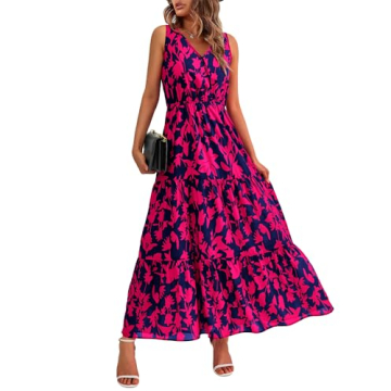 BTFBM Women Summer Dresses 2024 Sleeveless V Neck Maxi Dress Boho Long Dress High Waisted A-Line Ruffle Floral Dress(Navy Rose Red Flower,Medium)