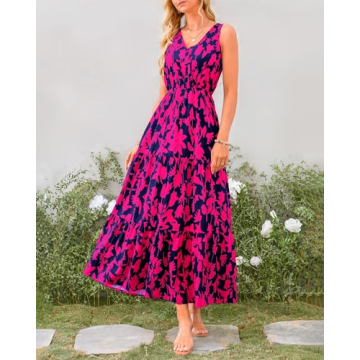 BTFBM Women Summer Dresses 2024 Sleeveless V Neck Maxi Dress Boho Long Dress High Waisted A-Line Ruffle Floral Dress(Navy Rose Red Flower,Medium)