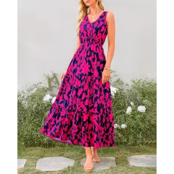 BTFBM Women Summer Dresses 2024 Sleeveless V Neck Maxi Dress Boho Long Dress High Waisted A-Line Ruffle Floral Dress(Navy Rose Red Flower,Medium)