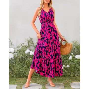 BTFBM Women Summer Dresses 2024 Sleeveless V Neck Maxi Dress Boho Long Dress High Waisted A-Line Ruffle Floral Dress(Navy Rose Red Flower,Medium)
