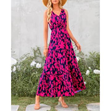 BTFBM Women Summer Dresses 2024 Sleeveless V Neck Maxi Dress Boho Long Dress High Waisted A-Line Ruffle Floral Dress(Navy Rose Red Flower,Medium)