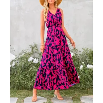 BTFBM Women Summer Dresses 2024 Sleeveless V Neck Maxi Dress Boho Long Dress High Waisted A-Line Ruffle Floral Dress(Navy Rose Red Flower,Medium)