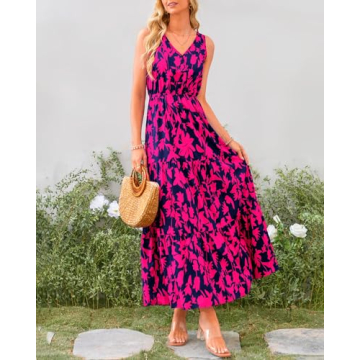BTFBM Women Summer Dresses 2024 Sleeveless V Neck Maxi Dress Boho Long Dress High Waisted A-Line Ruffle Floral Dress(Navy Rose Red Flower,Medium)