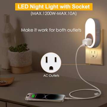 Dawnrise Night Lights Plug Into Wall,Dusk to Dawn Sensor Night Light with Power Outlet,CCT 2200K or ...